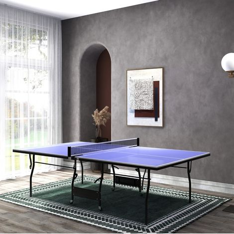 Mesa de ping-pong plegable 274 x 152,5 x 76 cm con red, 2 palas y 3 pelotas, azul OKMYHOME (1/5)