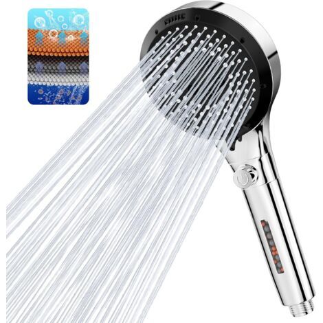 High Pressure Shower Head, Anti-Limescale Shower Head with 6 Spray Patterns, Water Saving Shower Head with Water Stop Button - Silver (1/5)