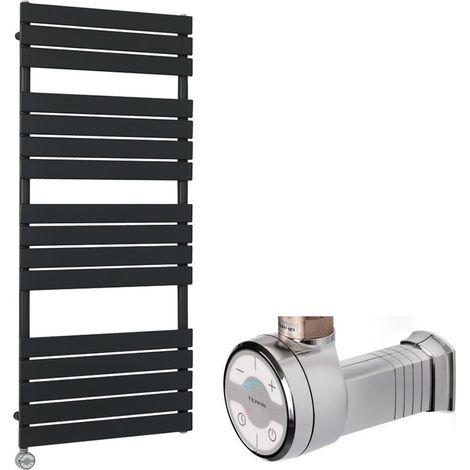 Milano Lustro Electric Black Flat Panel Heated Towel Rail Radiator with WiFi Thermostatic Heating Element and Cable Cover - 1500mm x 600mm (1/5)
