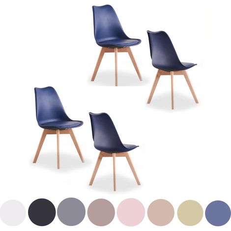 Lot de 4 chaises de salle à manger scandinaves – Rembourrées en similicuir – Coque en polypropylène – Pieds en bois massif – Bleu – Pn Home