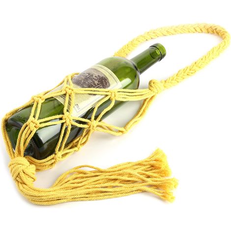 Porte-bouteille bohème tricoté main en corde de coton, sac de rangement suspendu pour bouteilles jaune