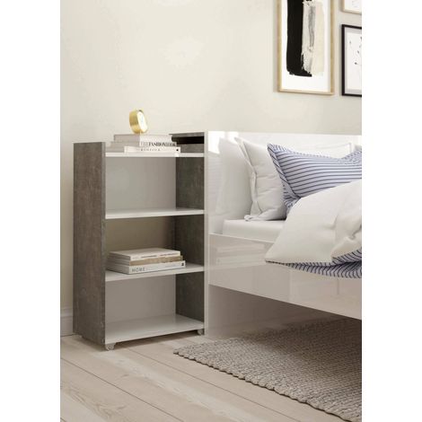Dmora - Mesa de noche Delfino, Cómoda baja, Mesilla de noche, Estante de la cama, 165x26 h80 cm, Cemento y Blanco brillante (1/5)