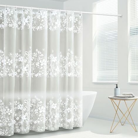 Rideau de douche transparent anti-moisissure et imperméable 180 x 200 cm blanc, motif floral, œillets magnétiques, résistant aux moisissures (1/5)