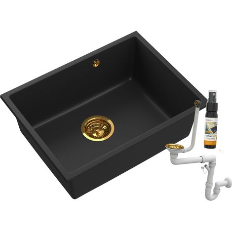 Évier sous plan en granit 53,5 x 40 cm noir 1 bac avec siphon manuel doré, GraniProtect inclus MANADO (1/5)