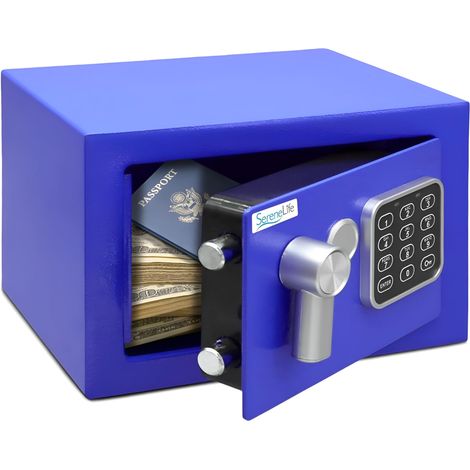 Coffre-Fort Numérique en Acier – 23x17x17 cm, Sécurité Électronique + Clé, Rangement pour Argent, Armes, Bijoux, Passeports – Pour Maison, Hôtels, Placards, Bureau – Bleu (1/5)