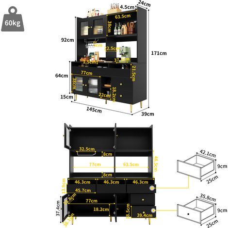 Meuble haut de rangement pour salle à manger (145 x 39 x 171 cm), portes en verre trempé Changhong, étagère à verres à vin, espace de stockage multi-niveaux, noir mat avec finitions dorées (1/5)