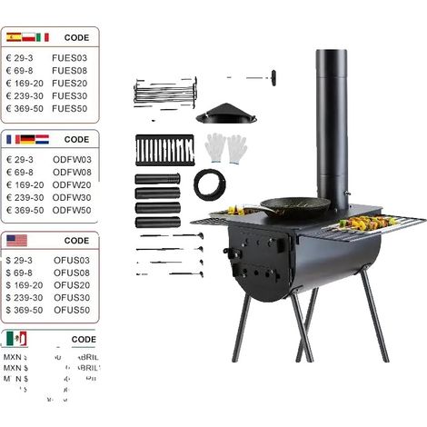 Estufa de leña para camping, de acero aleado, 118 pulgadas de largo, estantes de 7 x 20 pulgadas, 3 mm de grosor, cámara de combustión de 3000 pulgadas cúbicas. (1/5)