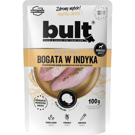 Alimento húmedo para perros BULT, pavo, sobre de 100 g, completo.