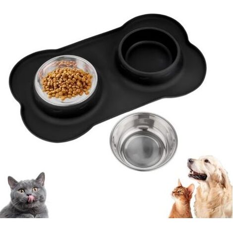 Tapis Gamelle Chat INOX, 2Pcs Gamelle pour Chien et Chat Antidérapante en Acier Inoxydable, Double Bols Eau avec Tapis Gamelle Chien Anti Eclaboussure en Silicone (36 x 21 cm) (1/5)