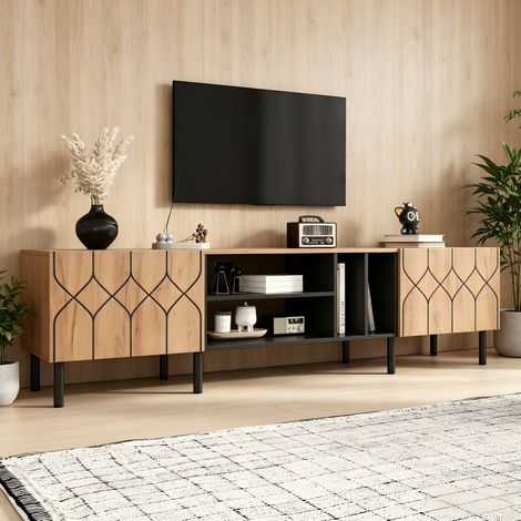 TV-Schrank 180x40x50 cm avec 2 portes et 4 niches ouvertes, bois naturel et noir, REDOM (1/5)