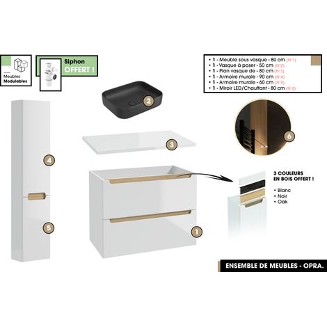 Ensemble complet de salle de bain - Meuble - Plan - Armoires - Miroir - Vasque à poser avec Siphon OFFERT OPRA 80 x 60 x 45 cm (1/5)