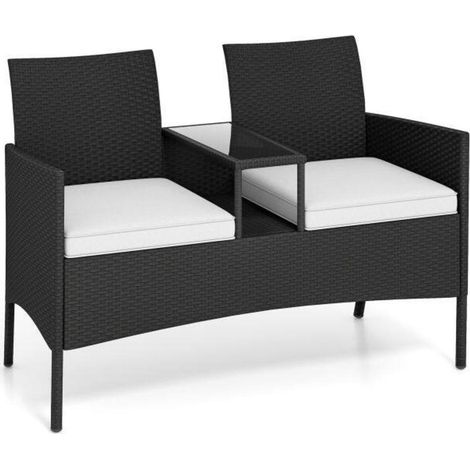 Facile à assembler : canapé de jardin 2 places avec table basse intégrée en verre trempé et coussins (1/5)