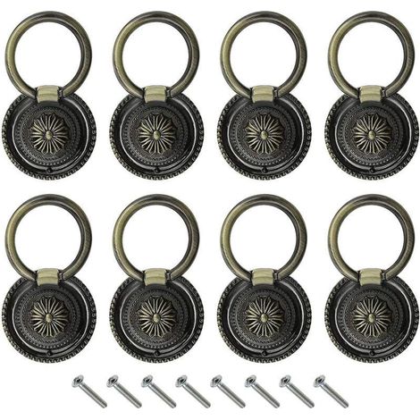 8 Pcs Anneau Poignée De Meuble Rétro Boutons Pour Porte Tiroirs Vintage Avec Vis Bronze (1/5)