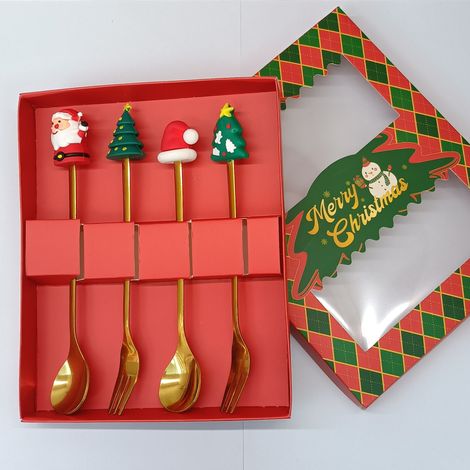 Coffret cadeau cuillère et fourchette avec figurines de Noël en acier inoxydable (Ensemble B : set de 4 pièces avec figurines, dans une boîte rouge aux couleurs de Noël) (1/4)