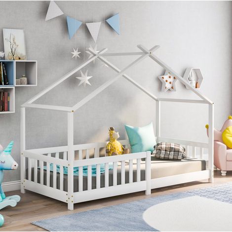 MEUBLIV Lit cabane 90x200 cm blanc – avec toit et barrière de sécurité, sans matelas (1/5)