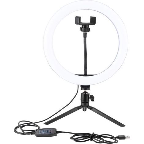 Anneau lumineux LED de bureau avec trépied, support téléphone, éclairage pour maquillage et live, recharge USB (1/5)