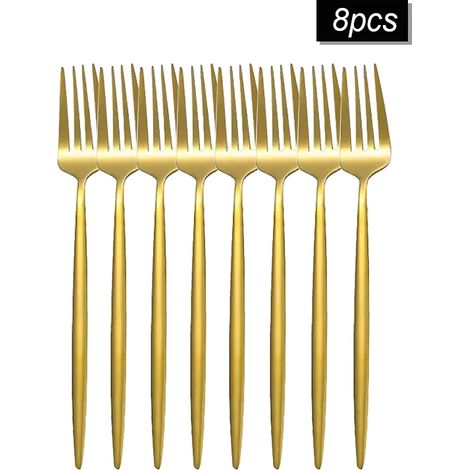 (8 fourchettes) Couverts en acier inoxydable doré, comprenant des fourchettes de table, des fourchettes à fruits et des fourchettes à steak. (1/5)