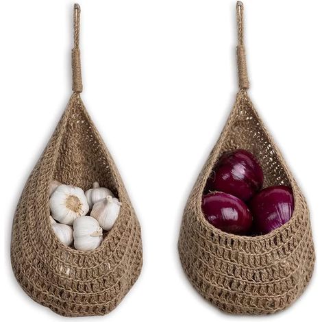 Set di 2 cestini da appendere per cipolle, cestini portaoggetti decorativi per la cucina per cipolle e aglio, cestini da parete in stile boho (1/5)