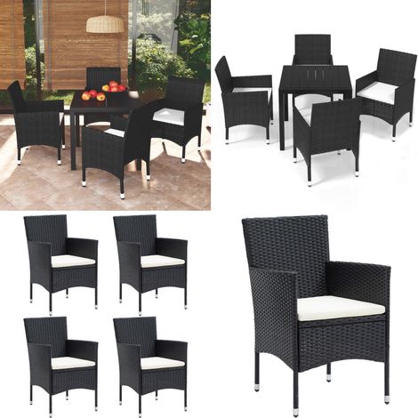 5-tlg. Garten-Essgruppe mit Kissen Poly Rattan Schwarz - Gartensessel - Gartenstuhl - Outdoor Möbel - Balkonmöbel - Terrassengestühl - Home & Living