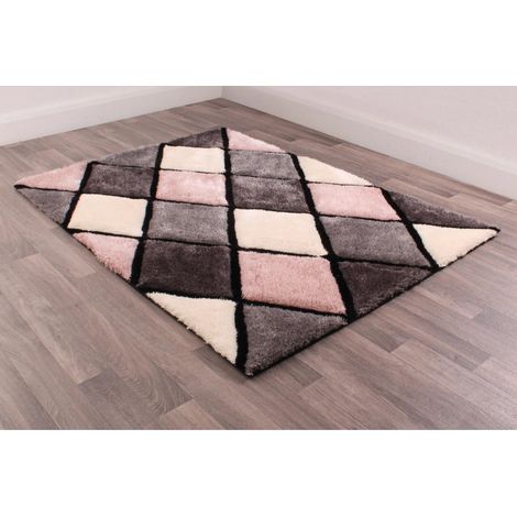 3D Carved Diamond Super Soft Silky Shaggy Rug Blush Pink Small Carpet 80 x 150 cm (2'6"x5'0") (1/4)