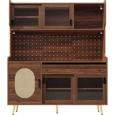 Buffet / meuble de rangement / meuble de cuisine, 145x39x171cm, style maison de campagne, 5 portes, avec bande lumineuse LED et panneau perforé de rangement, portes en verre cannelé, marron/noir (1/5)
