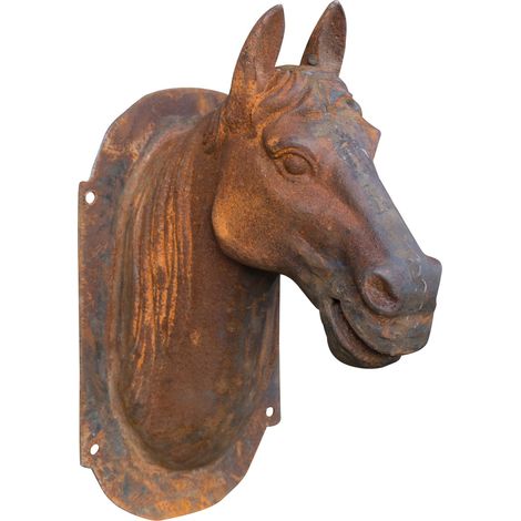 Testa di Cavallo da Parete in Fusione di ghisa Finitura ruggine naturale Decorazione da appendere da giardino L18xPR30xH34 cm