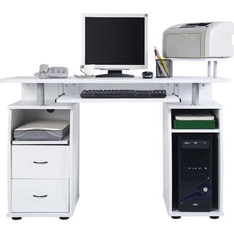 Scrivania per computer da ufficio con cassetti Tavolo porta pc in legno con supporto per tastiera 120x55x85cm Bianco (1/3)
