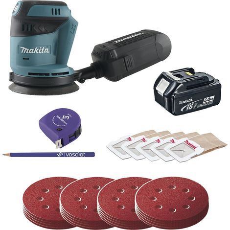 Makita Akku Exzenterschleifer 18V DBO180Z + Schleifscheiben Set 4-teilig K60/80/120/180 + Akku 18V