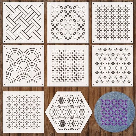 Gabarits de broderie Sashiko - Ensemble de 8 pièces - Matériau PET - Motifs de broderie - Accessoires de couture - 13 x 13 cm (1/5)