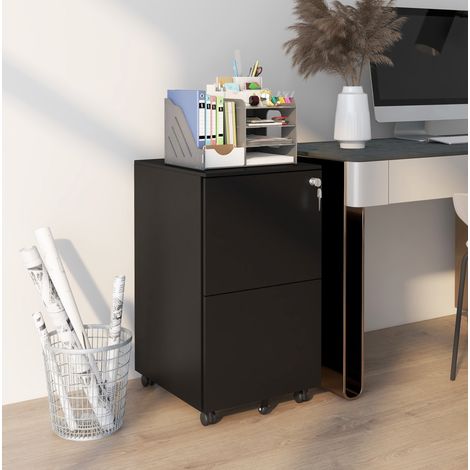 Archivador móvil 37x43.5x67.5 cm negro de acero con 2 cajones con cerradura y ruedas (1/4)