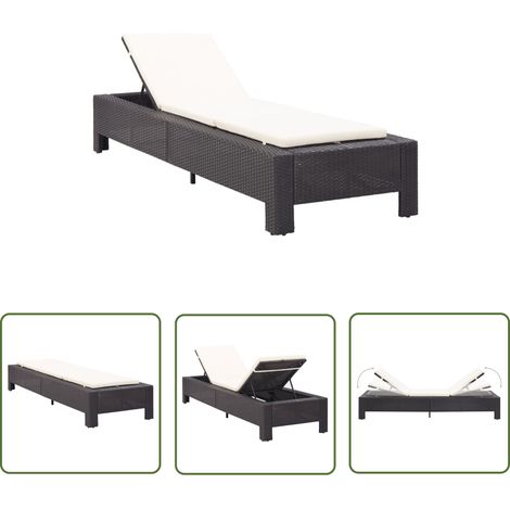Chaise longue Bain de soleil Transat avec coussin Noir Résine tressée 66427 (1/5)