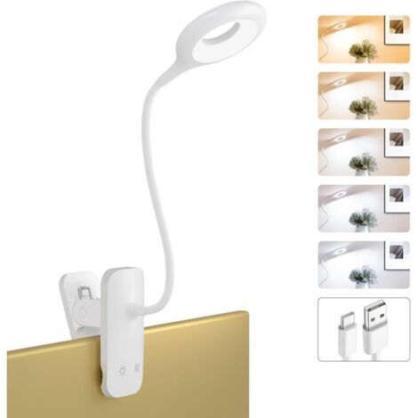 Lampe de lecture LED à pince, peut être fixée à la tête de lit, lampe portable sans fil à piles, convient aux cadres de lit et aux bureaux (blanche). (1/5)
