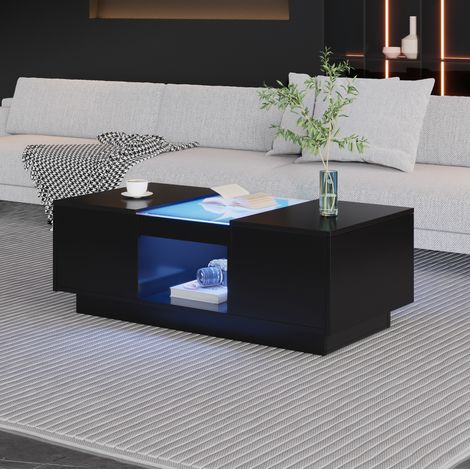 Couchtisch mit 2 Schubladen und LED 100x50 cm Schwarz OKMYHOME (1/5)