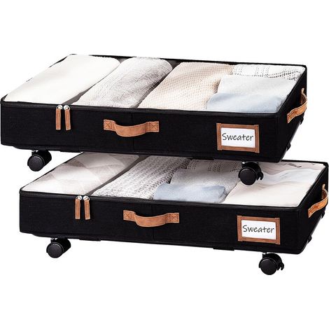 Boîte de rangement sous lit, organisateur pliable en tissu pour vêtements et couettes, anti-poussière et anti-humidité, 60 L, 78 x 42 x 16 cm, noir, à poulie (lot de 2). (1/5)