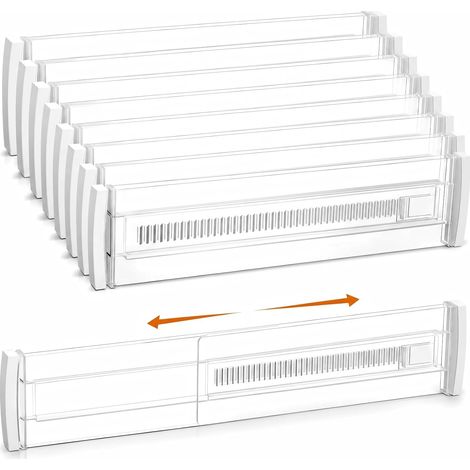 Lot de 8 Separateur Tiroirs Cuisine, Séparateur de Tiroir Réglable(30-52cm) Extensible Organisateur Tiroir pour Vêtements, Chambre, Cuisine, Salle de Bain, Commodes, Maquillage, Bureau, Transparent
