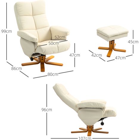 Relaxsessel mit Hocker, 145° neigbare Rückenlehne, 360° drehbar, Kunstleder, Cremeweiß