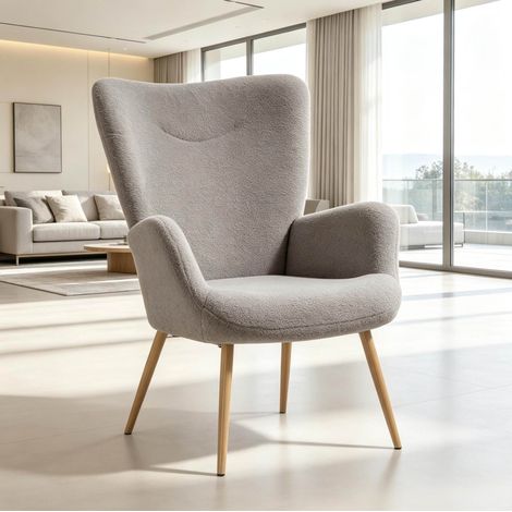 Poltrona singola con schienale alto, braccioli integrati e rivestimento grigio HAVRYA (1/5)
