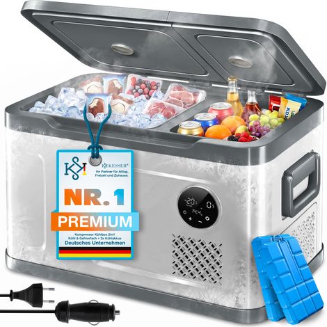 KESSER® Kompressor Kühlbox 2in1 Doppelzone Kühl- & Gefrierfach elektrisch Gefrierbox LED-Touch-Bedienung 12/24 V 230V Kühlschrank Kühlung bis -20 °C 40 Liter / Silber / Anthrazit