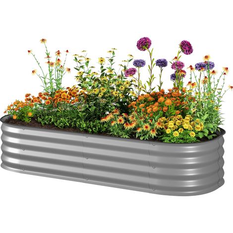 Galvanised Raised Garden Bed, Metal Planter Box Safety Edging, for Flowers, Herbs, Succulents, Silver (1/5)