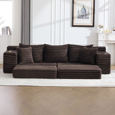 Schlafsofa 273x98x87 cm kaffeebraun aus Cord mit hoher Rückenlehne, Seitentaschen und Getränkehaltern (1/5)