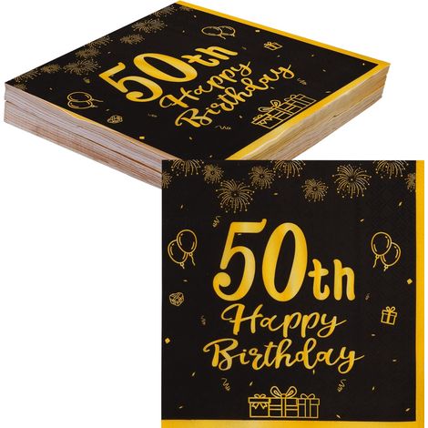 Noir Or serviette papier décoration anniversaire 50 ans, 40 Pièces papier serviettes de table serviette vaisselle jetable pour deco anniversaire 50 ans Femmes Homme (50ans) (1/5)
