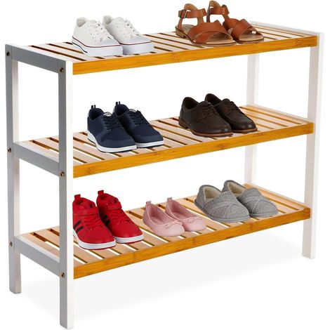 Scaffale per scarpe Relaxdays, HxLxP: 55 x 70 x 26 cm, bambù, 3 ripiani, 9 paia di scarpe, naturale/bianco