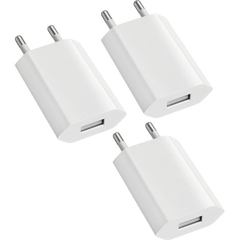 Lot de 3 Chargeur USB 5V/1A Bloc Prise Adaptateur 5V1A Chargeur Universel, Prise USB Secteur Compatible avec Telephone, Blanc (1/5)
