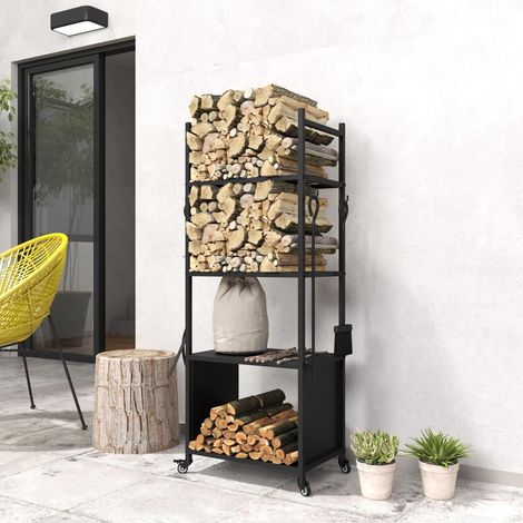 Leñero de 4 Niveles Soporte para Leña con Ruedas Pala Atizador Cepillo Tenazas para Interior Exterior 45x30x118 cm Negro (1/5)