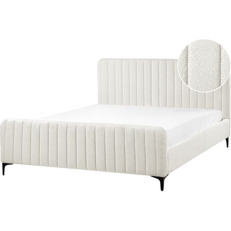 Cama con somier de bouclé con cabecero acolchado patas de metal blanco crema 160 x 200 cm Lunan