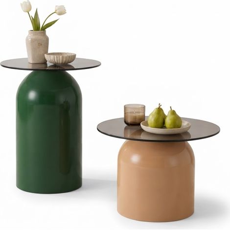 ELVMI Mesas de Centro Nido 2 Piezas de Vidrio Templado y Acero, Base Lacada, para Salón Dormitorio Oficina, Verde Café Claro (1/5)