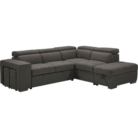 NERA - Canapé d'Angle Droit Convertible avec 2 Poufs et 1 Coffre Gris (1/5)