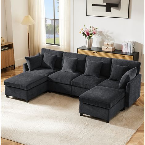 Canapé d'angle 4 places en forme de U avec repose-pieds modulable – Tissu chenille gris – Ergonomique assise profonde (1/5)