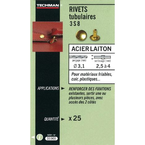 25 rivetti tubolari acciaio/ottone Ø 8 x 10 mm Techman