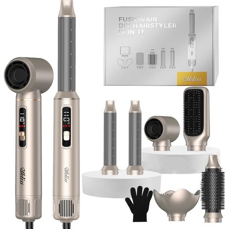 Hair Dryer 6 in 1 Hair Styler with LCD Display  Blow Brush Brushing Hairstyler Hair Curler Hair Dryer Airbrush Straightening Brush  Gifts for Women Styling - Gold (1/5)